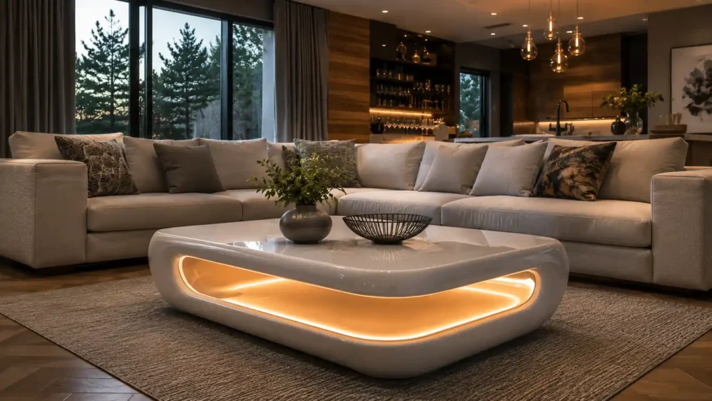 Contemporary modern coffee table in glossy white lacquer featuring a continuous ambient LED cutout ring.
