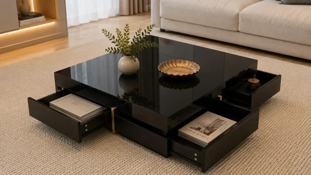 Square high-gloss black coffee table featuring four pull-out drawers, golden accent joints, and a reflective glass-like surface.