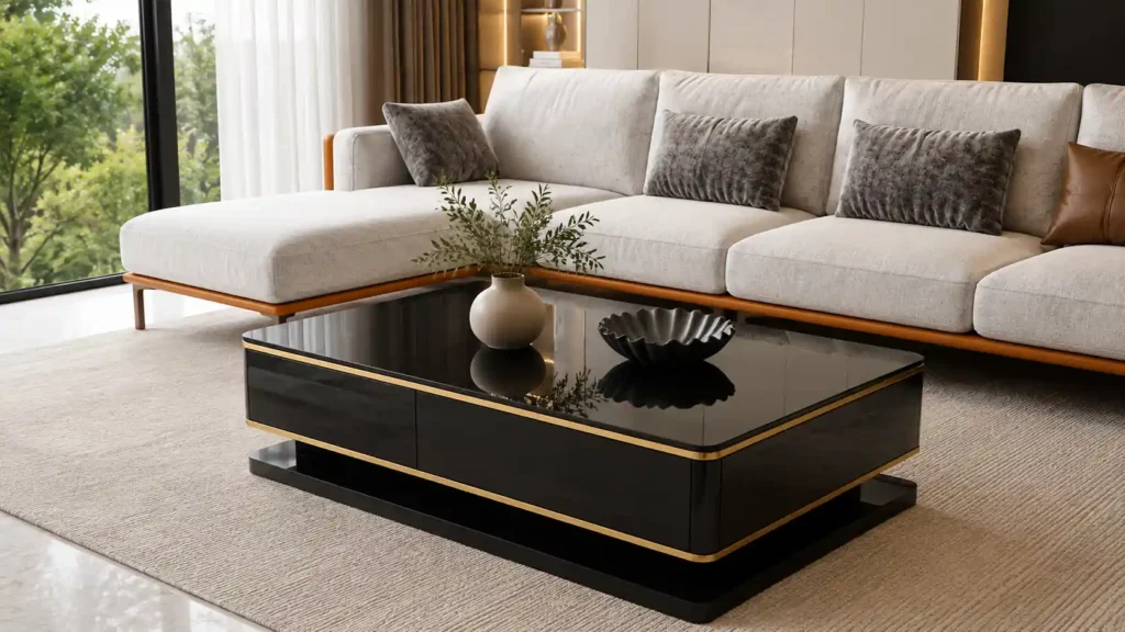 Low rectangular coffee table in glossy black with a continuous warm gold metal band and recessed plinth base.