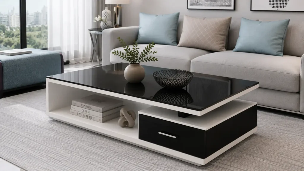 Black and white dual-layer coffee table featuring an open magazine storage shelf and a sleek matte black drawer.