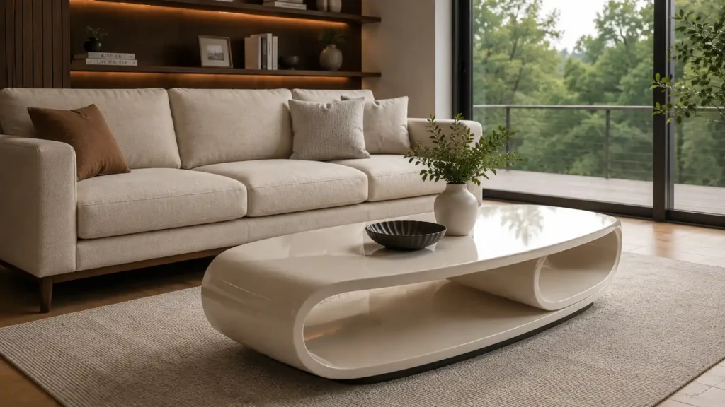 Smooth cream-colored oval coffee table featuring an open hollow center channel and a high-gloss finish.