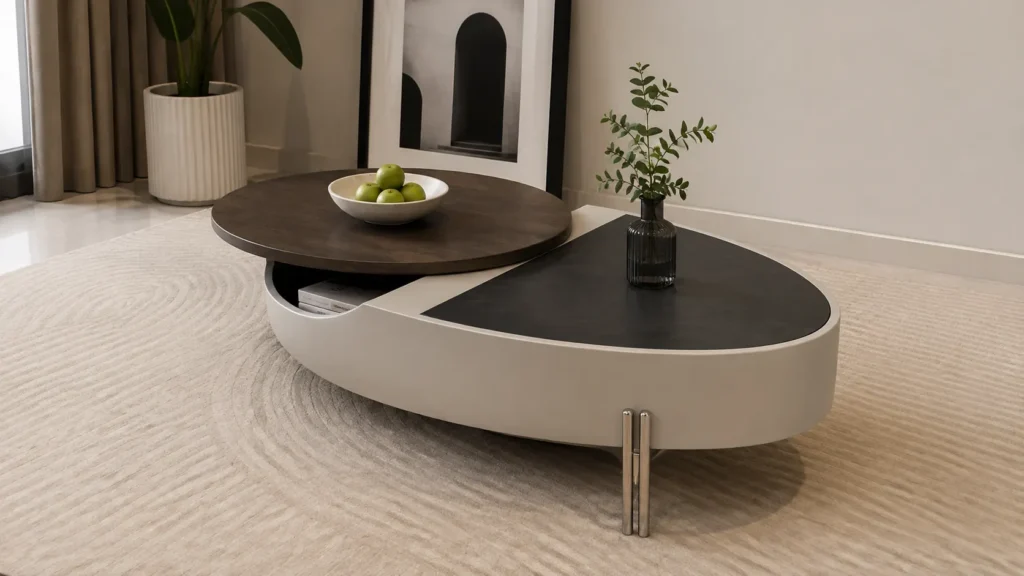 Asymmetrical coffee table featuring a dark walnut rotating upper tray over a light cream capsule body.