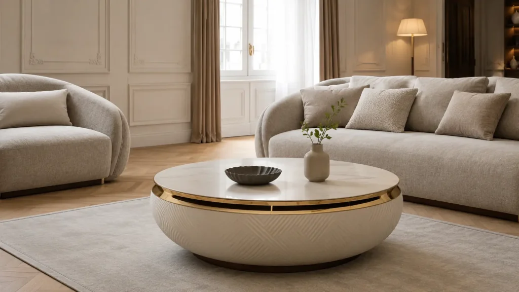 Circular cream coffee table featuring a diagonal pattern base, a polished marble top, and a brass inlay ring.
