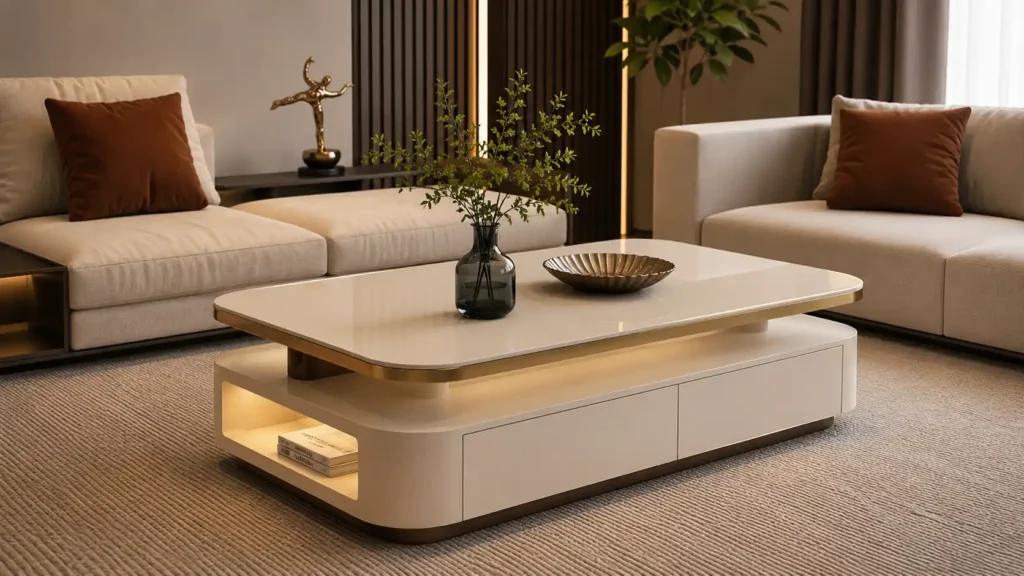 Rectangular cream-toned coffee table with a floating upper deck, integrated LED lighting, and gold metallic trim.