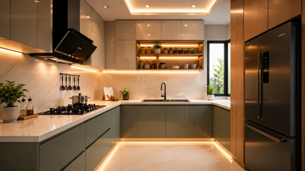 Contemporary kitchen decor featuring sage green lower cabinets, glossy white uppers, and soft gold backsplash lighting.