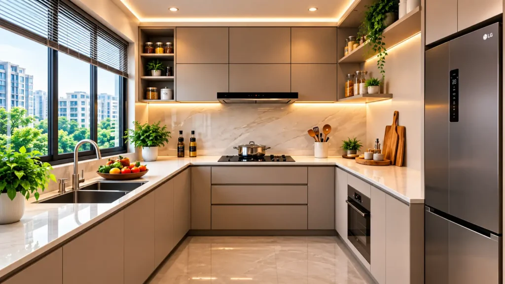U-shaped modern kitchen decor featuring taupe flat-panel cabinets, built-in appliances, and open corner shelving.