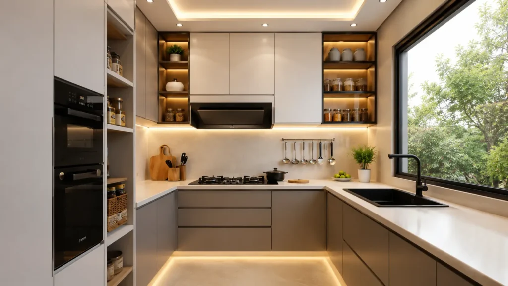 Streamlined kitchen decor with integrated black wall ovens, taupe cabinetry, and warm backlit open display shelves.