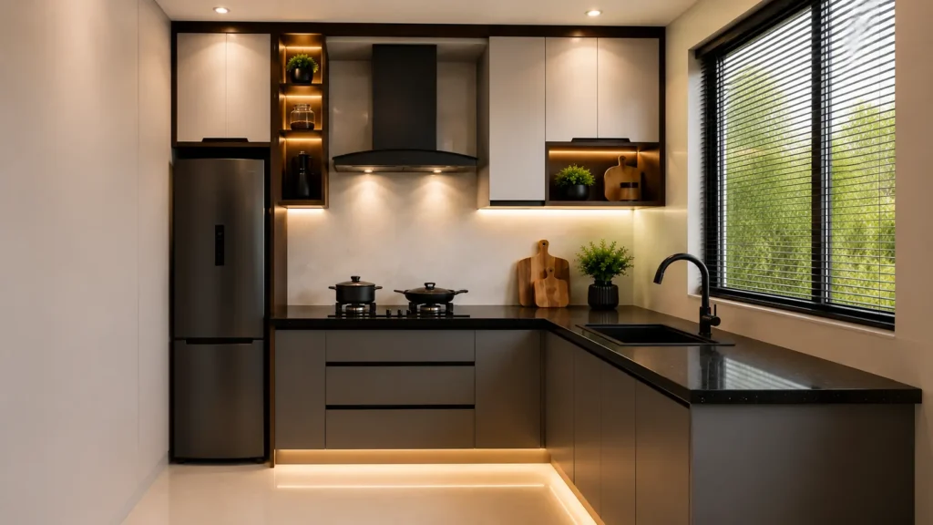 Compact L-shaped kitchen decor with dark granite counters, matte grey cabinets, and warm under-shelf cove lights.