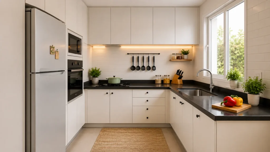 Bright white kitchen decor featuring dark countertops, hanging black utensil rack, and a textured jute floor runner.