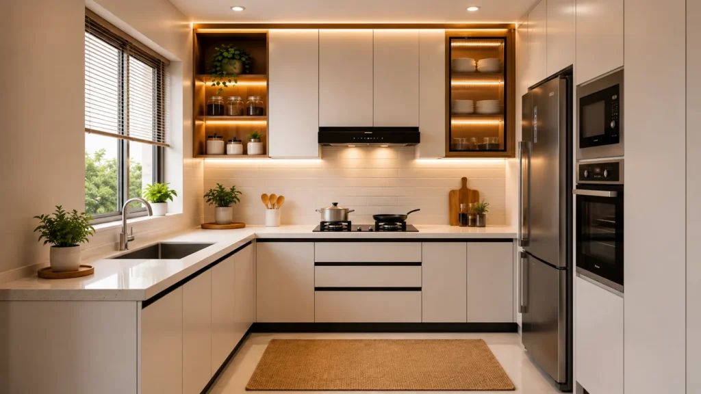 Cream-toned U-shaped kitchen decor featuring textured glass upper cabinets, warm LED channels, and a woven floor rug.