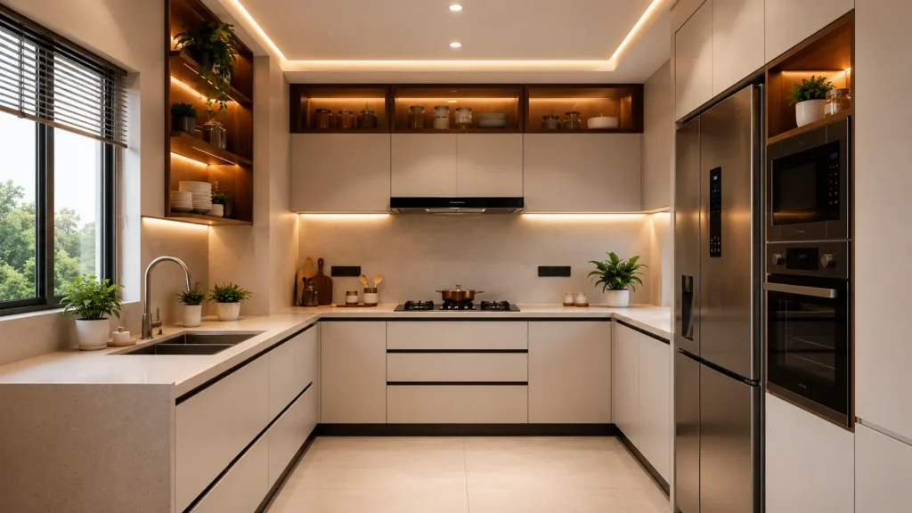 Spacious modern kitchen decor featuring a full appliance wall, waterfall quartz countertop, and warm linear ceiling lighting.