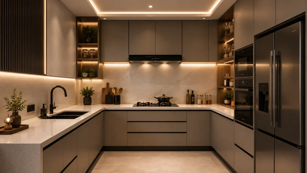 U-shaped greige kitchen decor featuring built-in wall ovens, warm LED backlit shelves, and potted plants.