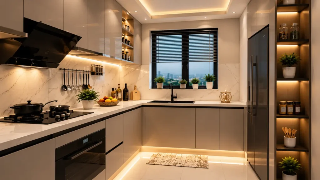 Modern kitchen decor with glossy upper cabinets, warm LED toe-kick lighting, black window frame, and vertical display shelves.