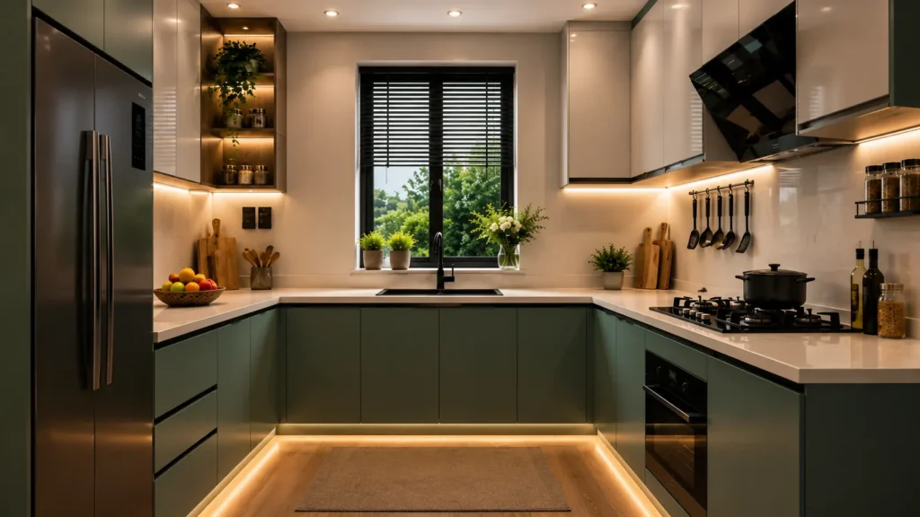 U-shaped forest green kitchen decor with warm LED toe-kick lighting, white quartz countertops, and wooden cutting boards.