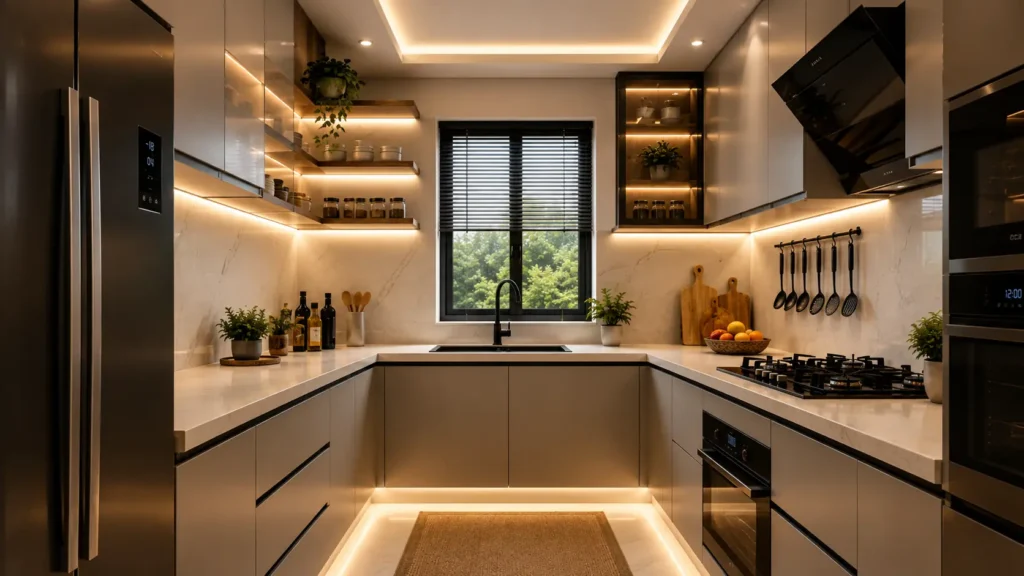 Seamless taupe kitchen decor with dual open shelf niches, warm ambient LED lighting, and integrated wall oven.