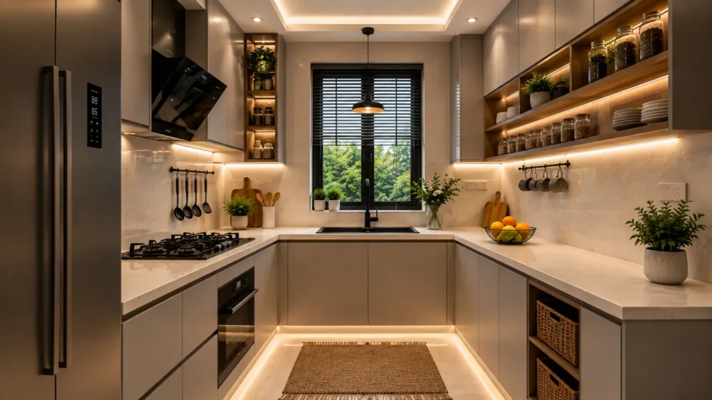 Bright U-shaped kitchen decor featuring light taupe cabinets, warm under-cabinet LED strips, pendant light, and wicker storage baskets.