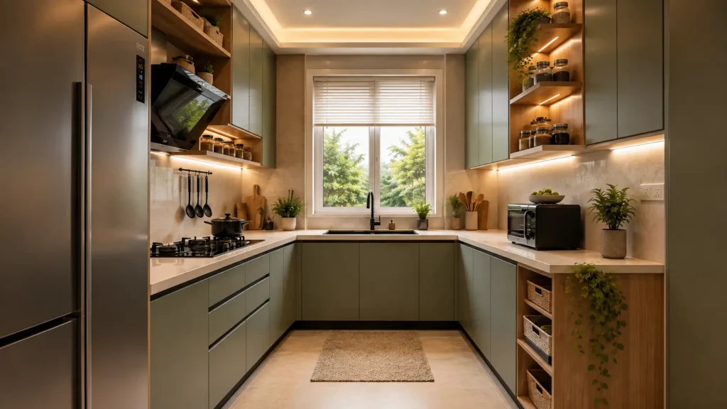 Olive green kitchen decor featuring built-in wooden shelving nook with woven baskets, slatted blinds, and potted herbs.