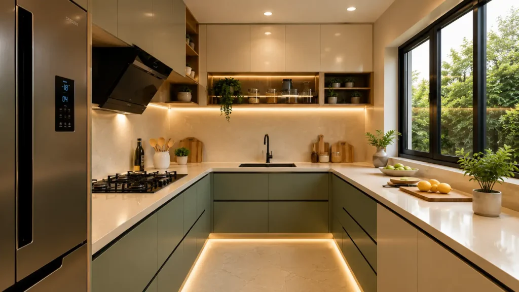 Modern duo-tone kitchen decor with olive green lower cabinets, glossy white upper cabinets, and warm LED toe-kick lighting.