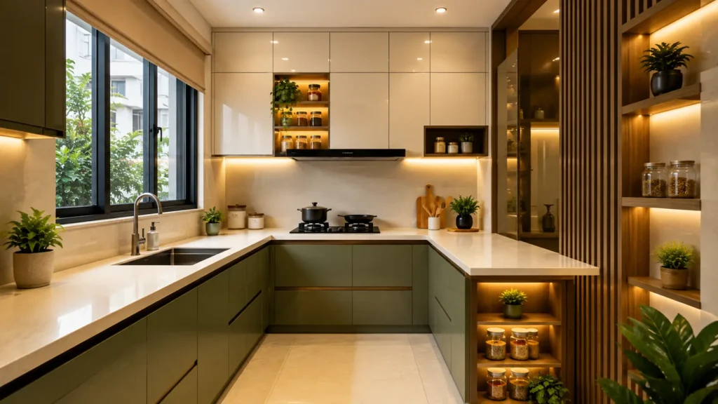 Luxury kitchen decor featuring olive green base cabinets, cream upper cabinets, slatted wood partition wall, and built-in shelving.