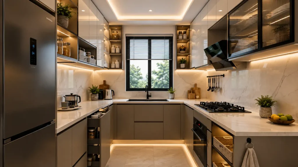 Modern U-shaped greige kitchen decor featuring glass-front uppers, open pull-out drawer pantry, black hood, and warm cove ceiling lighting.
