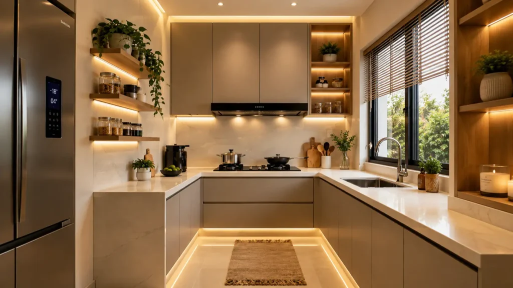 Warm taupe kitchen decor with floating illuminated wooden shelves, woven runner rug, warm toe-kick floor lighting, and window blinds.