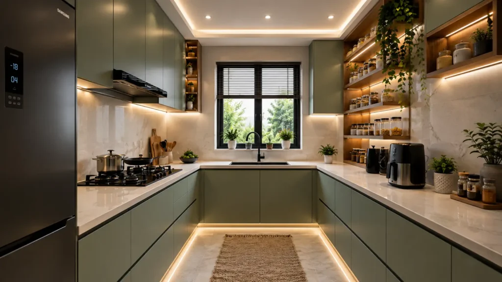 Earthy sage green kitchen decor with a tall vertical wooden shelf unit, warm floor lighting, center window, and runner rug.