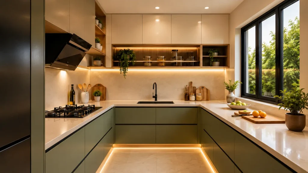 Contemporary olive green kitchen decor with cream uppers, warm under-cabinet strip lighting, black chimney, and large side window.