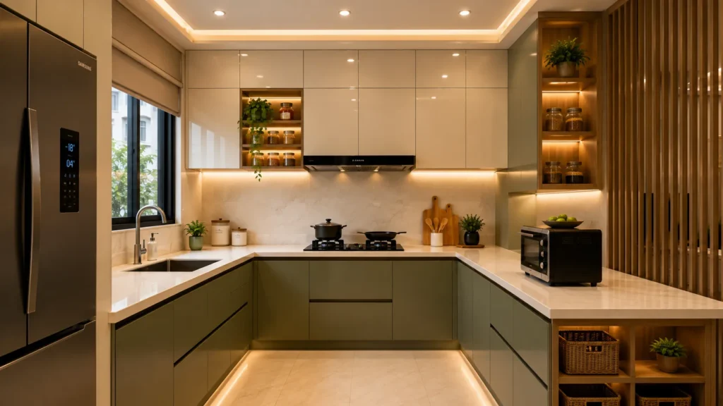 Luxury olive green kitchen decor featuring a slatted wood partition wall, peninsula counter with woven basket storage, and warm ceiling cove.