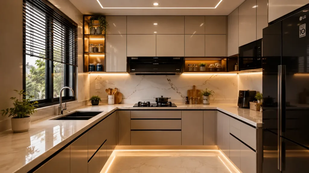 Glossy taupe kitchen decor with recessed illuminated display niches, dark refrigerator, black window frame, and perimeter floor LED lighting.