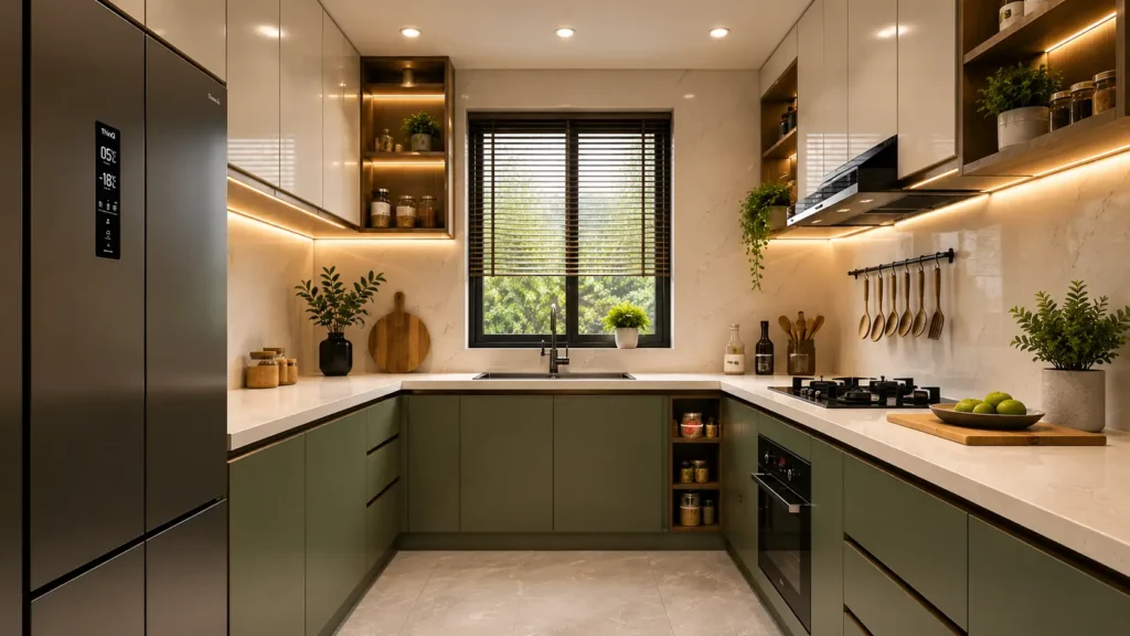 Two-tone olive green kitchen decor featuring a black hanging utensil rail, wood blinds, built-in open shelf nook, and side-by-side fridge.