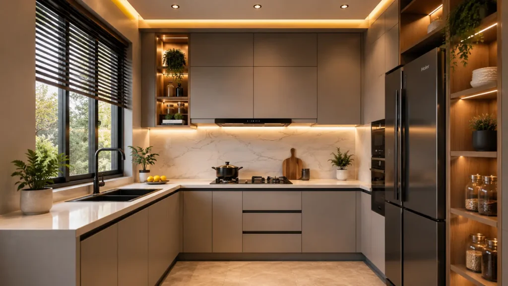 Elegant taupe kitchen decor featuring a tall backlit pantry shelf unit, black sink, side window, and warm cove ceiling lighting.