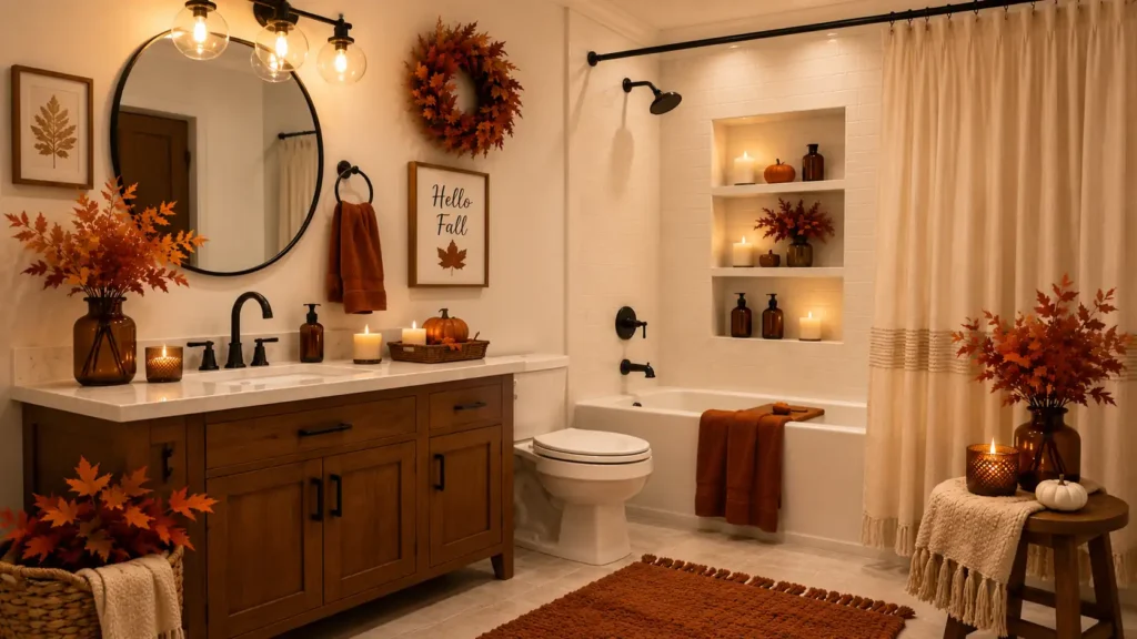 Cozy fall bathroom design featuring a dark wood vanity, round vanity mirror, "Hello Fall" wall art, pumpkin accents, and a plush rust floor rug.