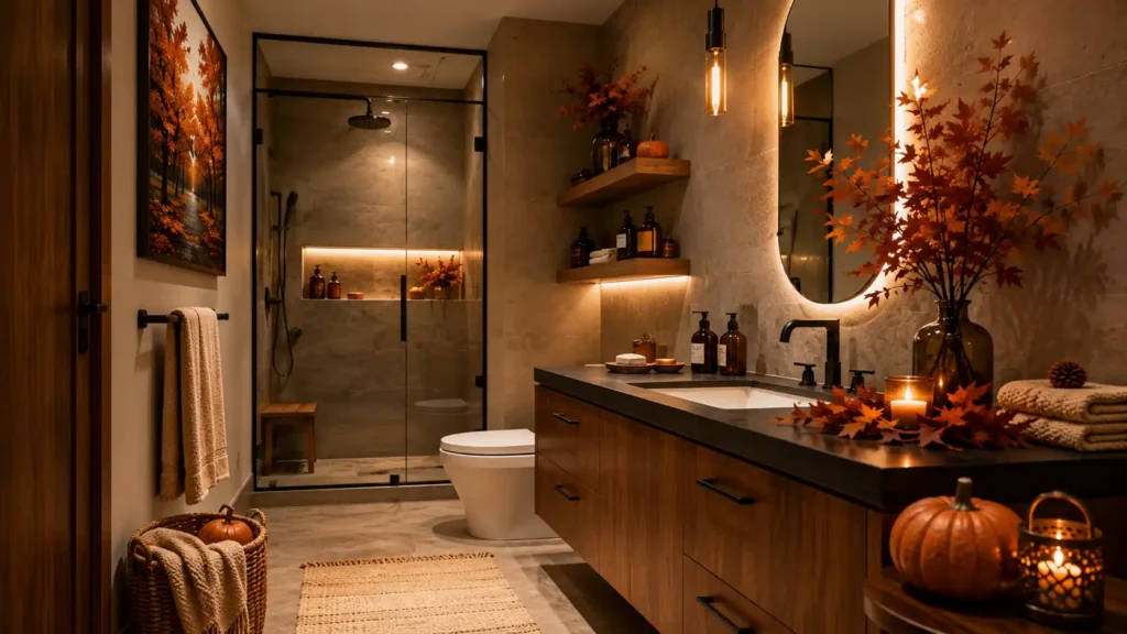 Moody modern fall bathroom with a glass walk-in shower, floating vanity, backlit mirror, floating wall shelves, and warm leaf arrangements.