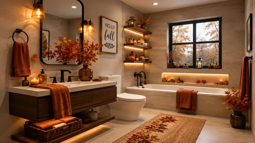 Sunlit bathroom with a deep soaking tub next to a autumn tree view window, floating wood vanity, warm LED shelves, and fall leaf floor runner.