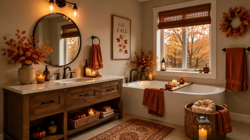 Traditional fall bathroom with a deep soaking tub, bamboo window blinds, round mirror over a dark wood vanity, and a large pumpkin floor basket.