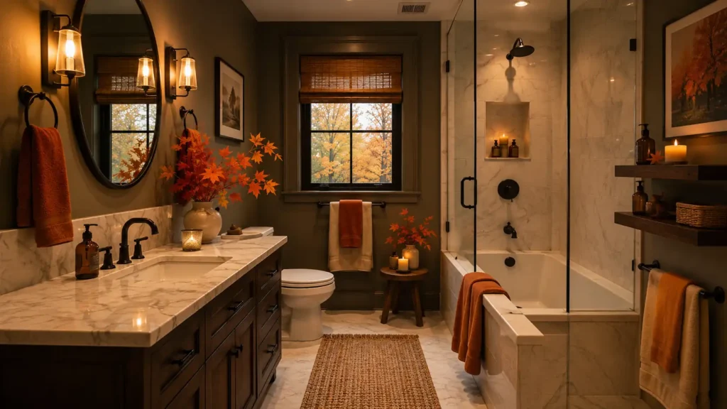 High-end fall bathroom featuring dark olive walls, marble vanity countertop, glass walk-in shower, dark wood floating shelves, and orange leaf accents.