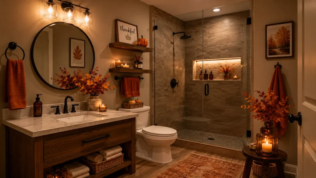 Warm fall bathroom design with a glass shower enclosure, dark wood vanity, LED backlit round mirror, "Thankful" sign, and orange leaf vase.