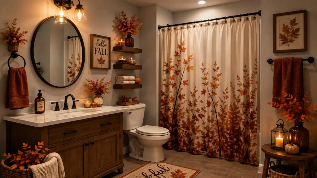 Cozy autumn bathroom featuring a printed maple leaf shower curtain, floating wood shelves with warm candles, vanity mirror, and pumpkin accents.