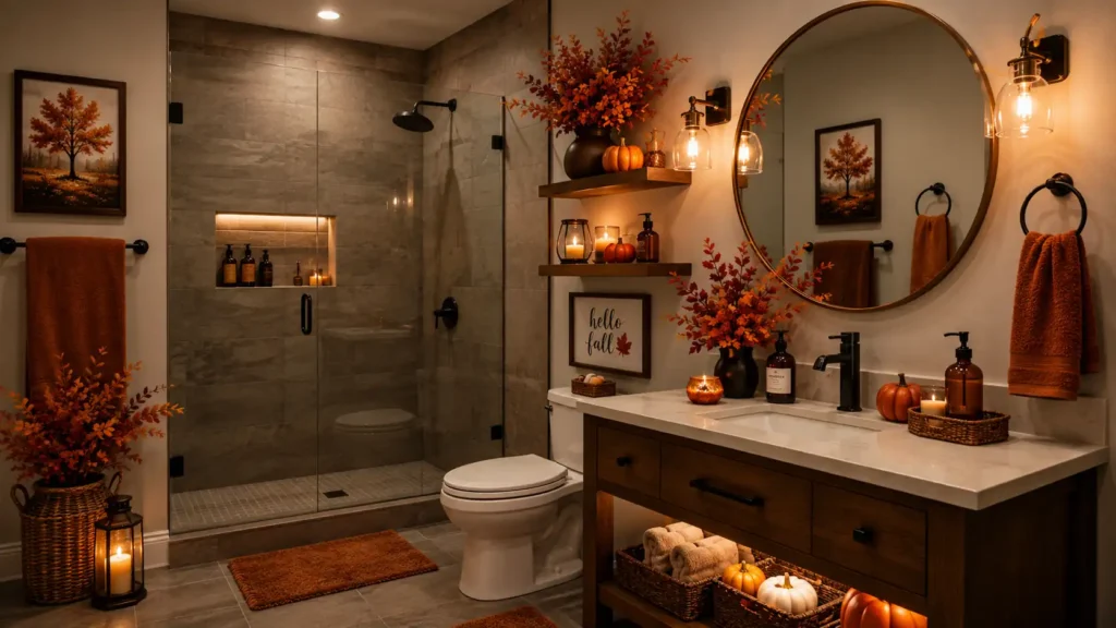 Modern bathroom with a glass shower enclosure, illuminated vanity base with pumpkins, floating shelves, and autumn leaf arrangements.