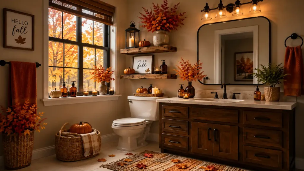 Bright sunlit bathroom with large window showing autumn trees, dark wood vanity, woven pumpkin baskets, and rustic floating shelves.