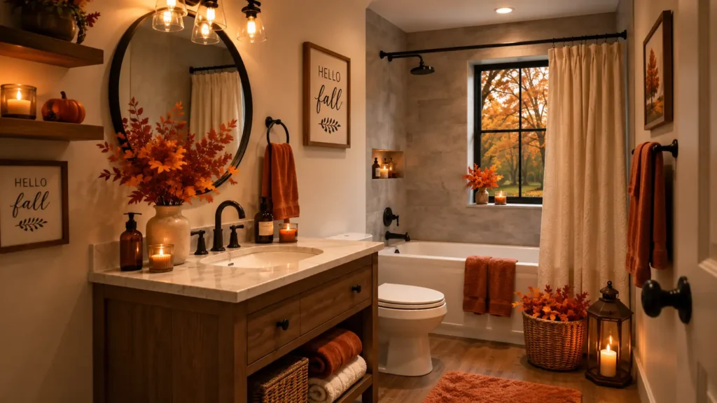 Warm fall bathroom featuring a tub-shower combo next to a window with autumn tree views, marble top vanity, round mirror, and floor lanterns.