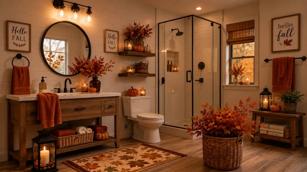 Rustic modern bathroom with white shiplap walls, glass corner shower, dark wood vanity, round mirror, and maple leaf printed rug.