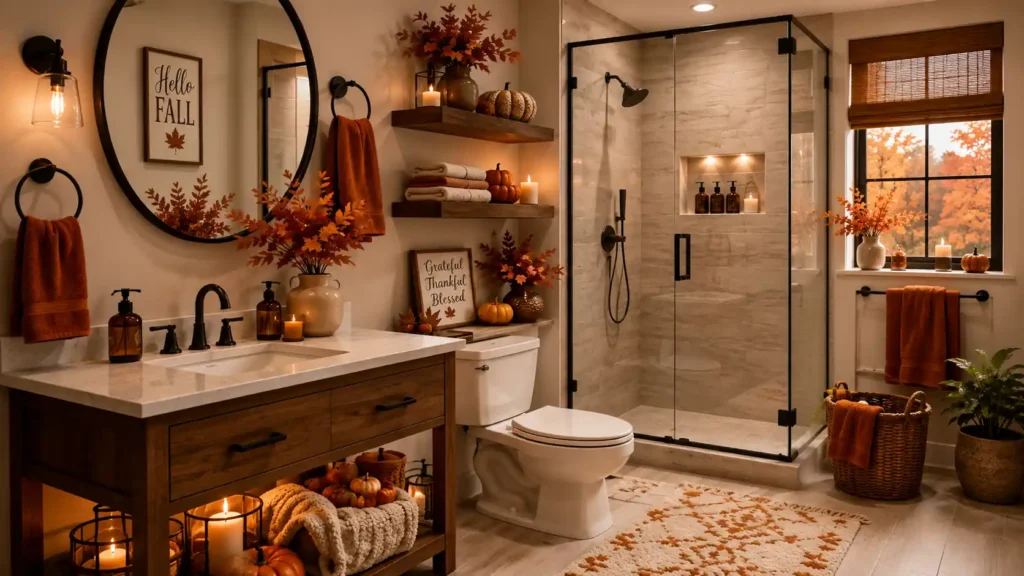 Contemporary bathroom with a glass walk-in shower, backlit floating vanity base, dark floating shelves, and "Grateful Thankful Blessed" sign.