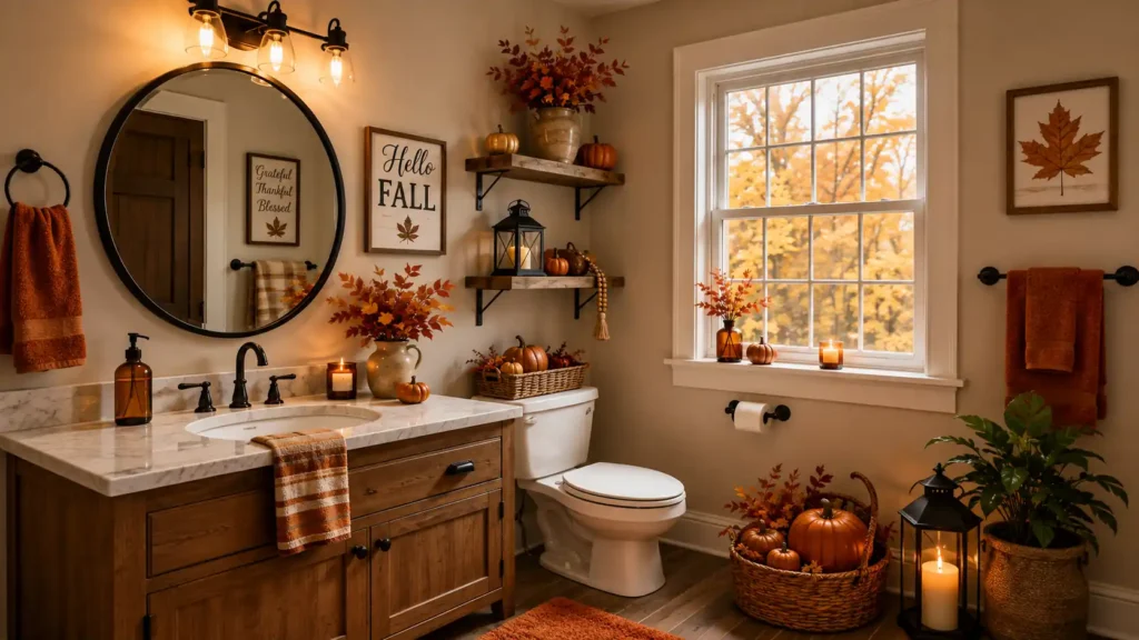 Traditional bathroom featuring a dark wood vanity with marble countertop, large round mirror, autumn window views, and pumpkin floor basket.