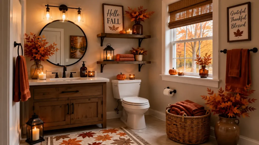 Warm fall bathroom featuring a dark wood vanity, round vanity mirror, bracketed floating shelves, leaf runner rug, and a large wicker towel basket.