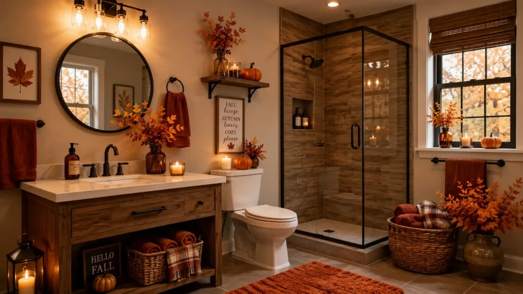 Cozy fall bathroom design with a black-framed glass shower, wood vanity, open wall shelf, pumpkin floor arrangement, and rust floor mat.
