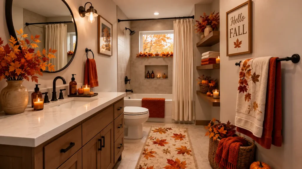 Classic fall bathroom with a tub-shower combination, floating wall shelves, maple leaf printed floor runner, and terracotta towel bar.