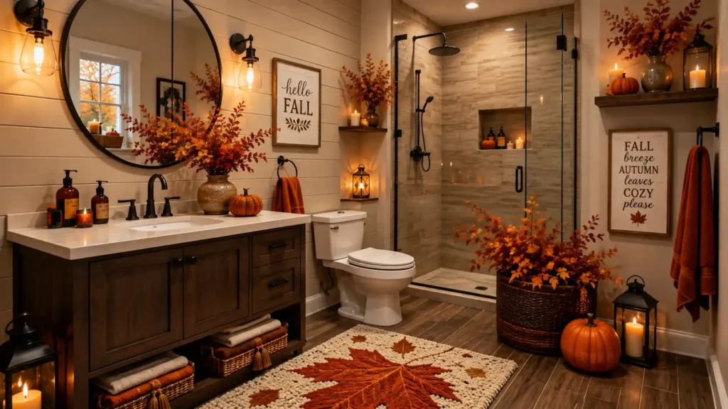 Rustic modern bathroom featuring white shiplap walls, glass walk-in shower, dark wood vanity, round mirror, and a bold maple leaf rug.