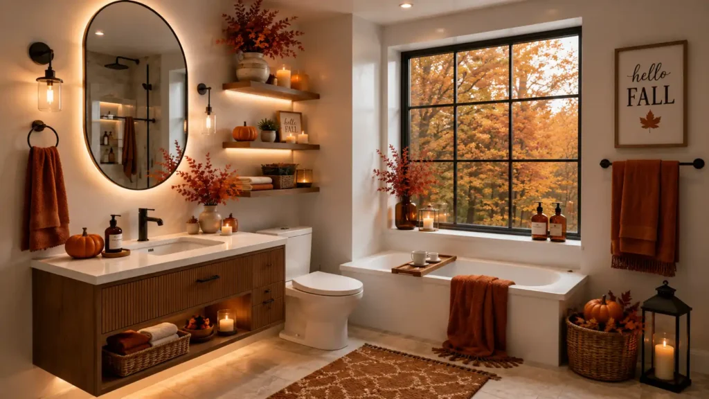 Modern luxury fall bathroom featuring an LED backlit round mirror, floating wooden vanity, large window tub niche, and pumpkin floor basket.