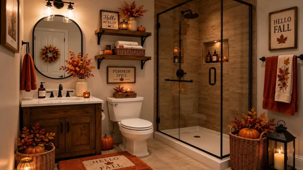 Warm fall bathroom design with a glass shower enclosure, dark wood vanity, bracketed floating shelves, "Pumpkin Spice" sign, and floor lantern.